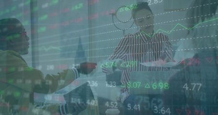 Image of financial data processing over diverse business people in office. Global finance, business,...