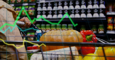 Image of data processing over caucasian man grocery shopping. Global shopping, business, connections, computing and data processing concept digitally generated image.の写真素材