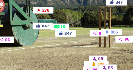 Image of digital data processing over cricket field. Global sports, social media, connections, computing and data processing concept digitally generated image.の写真素材