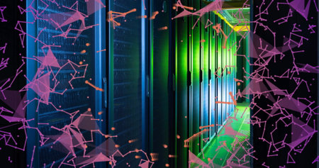 Image of pink communication networks floating over dark computer server room. Data, digital...