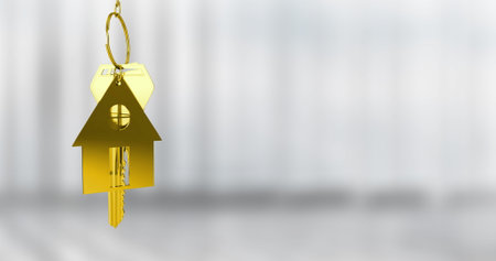 Golden house keychain image over blurred background. object, shiny, real estate, symbol, 3D, digitalの写真素材