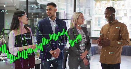 Image of financial data processing over diverse businesspeople in office. Global finance, business,...