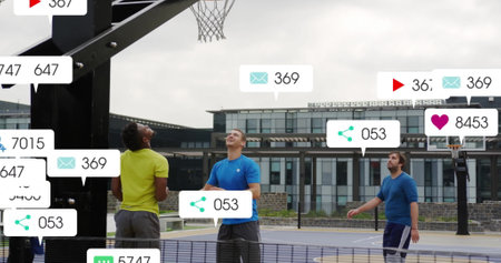 Image of digital data processing over diverse basketball players. Global sports, social media,...
