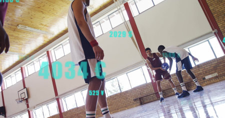 Image of digital data processing over diverse basketball players. Global sports, social media, connections, computing and data processing concept digitally generated image.の写真素材