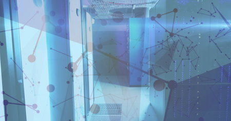Image of network of connections over server room. Global technology, connections, computing and...