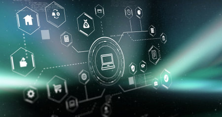 Image of digital business icons and data processing. Global finance, business, connections,...