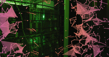 Image of pink communication networks floating over dark computer server room. Data, digital...
