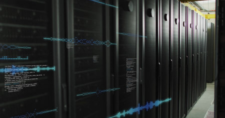 Image of data processing over computer server room. Data, digital interface, connection, processing, network and communication, digitally generated image.の写真素材
