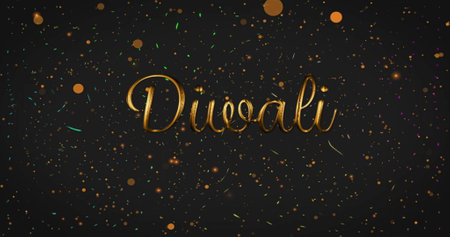 Diwali text image with golden sparkles on black background. Festival, celebration, holiday, glitter, festive, lightの写真素材