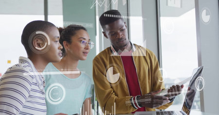 Image of financial data processing over diverse business people in office. Global finance, business,...