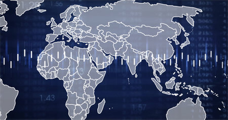 Image of data processing over world map on black background. Global technology, connections,...