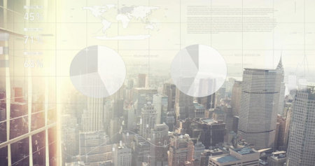 Image of financial data processing over city. Global finance, business, connections, computing and data processing concept digitally generated image.の写真素材