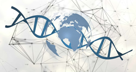 Image of globe and dna strand over network of connections on white background. Global technology,...