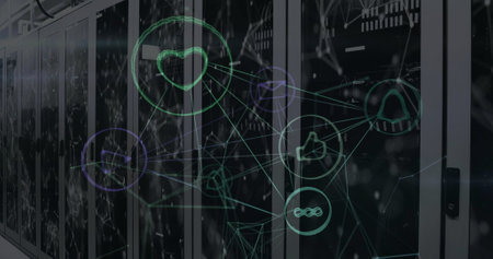 Image of digital icons and data processing over computer servers. Global social media, networks,...