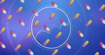 Image of pills medication over dna strand spinning. Global science, connections, computing and data...