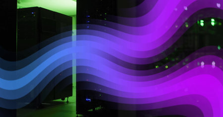 Colorful wave image over data servers in dimly lit server room. Technology, cybersecurity, network,...
