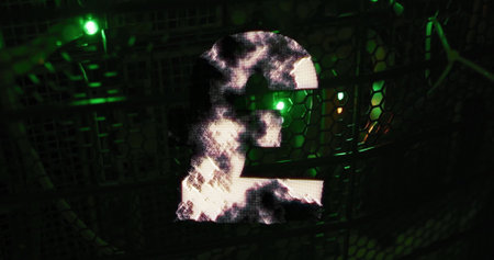 Pound sterling symbol with smoke effect image over dark green industrial background. special...