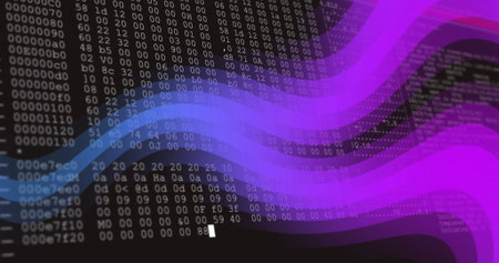 Binary code and data processing image over digital screen with purple highlights. Technology, cyber,...