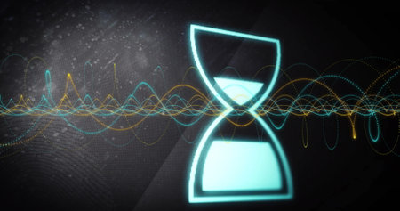 Image of loading hourglass icon over spirals on black background. Global technology, connections,...