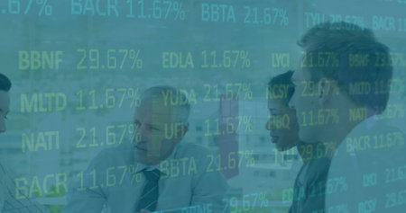 Image of financial data processing over diverse business people in office. Global finance, business,...