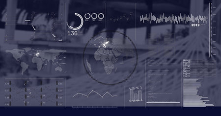 Image of financial data processing over office. Global finance, business, connections, computing and...