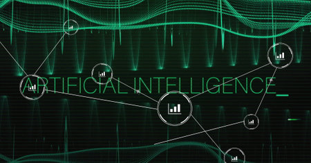 Image of network of connections with icons over ai data. Global artificial intelligence, business,...