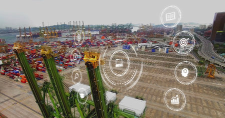 Image of network of connections with icons over shipping yard. Global shipping, business,...