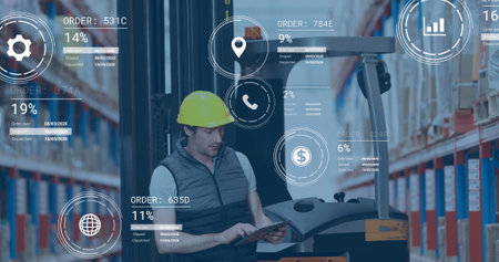Image of digital data processing over caucasian man working in warehouse. Global shipping,...