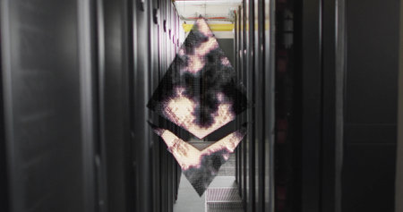 Abstract geometric shapes image over data center server racks. Technology, futuristic, digital,...