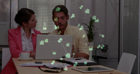 Image of network of connections with icons over diverse business people in office. Global finance,...