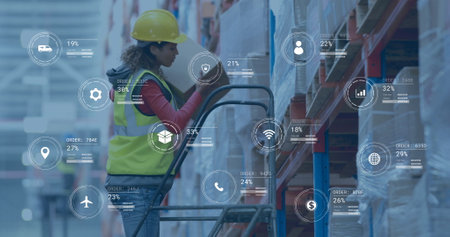 Image of digital data processing over biracial man working in warehouse. Global shipping,...