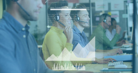 Data processing and analytics image over diverse customer service representatives working. teamwork,...