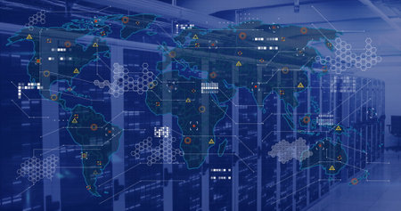 Image of world map and data processing over computer servers. Global finance, business, connections,...