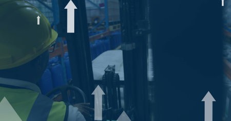 Image of digital data processing over biracial man working in warehouse. Global shipping, connections, computing and data processing concept digitally generated image.の写真素材