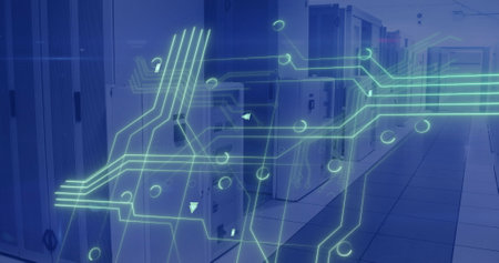 Image of circuit board and data processing over computer servers. Global finance, business,...