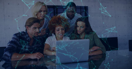 Image of network of connections over diverse business people in office. Global finance, business, connections, computing and data processing concept digitally generated image.の写真素材