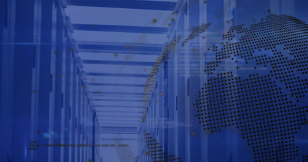 Image of globe and data processing over computer servers. Global finance, business, connections,...