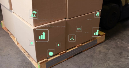 Image of data processing and ecology icons over warehouse. Delivery and digital interface concept...