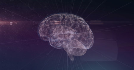 Image of digital brain and network of connections on purple background. Global connections,...