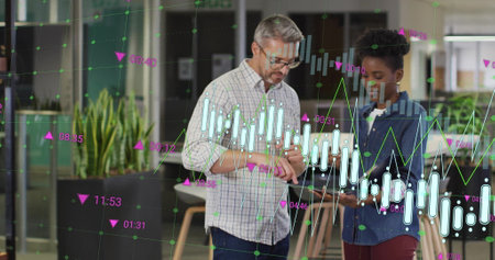 Image of financial data processing over diverse business people in office. Global finance, business,...