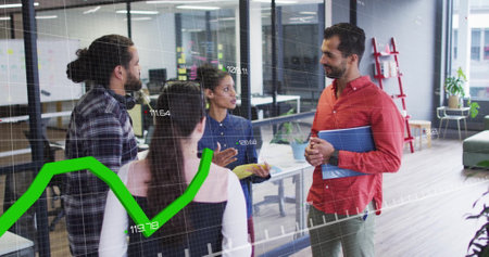 Image of financial data processing over diverse colleagues having meeting in office. Global finances, business and digital interface concept digitally generated image.の写真素材