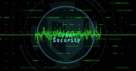 Image of shield and scope scanning over data processing. Global technology, security and digital...