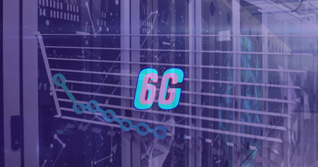 Image of 6g text and data processing over computer servers. Global networks, connections, computing...