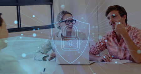 Image of padlock and network of connections over diverse business people in office. Global cyber...