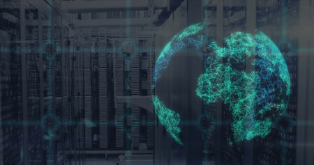 Image of globe and data processing over computer servers. Global networks, connections, computing...