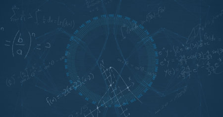 Image of globe and math formulas on blue background. Math, geometry, educations, numbers, digital space and technology concept digitally generated image.の写真素材