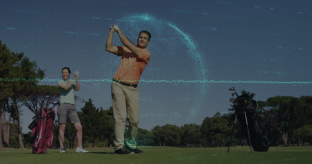 Image of data processing and globe over caucasian man playing golf at the golf course. Sports technology conceptの写真素材