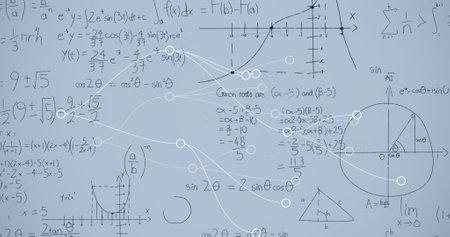Image of connections and math formulas on grey background. Math, geometry, educations, numbers,...