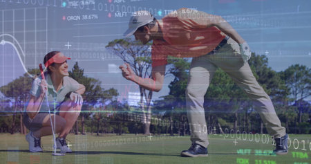 Image of data processing over caucasian golf players. Global sport and digital interface concept digitally generated image.の写真素材