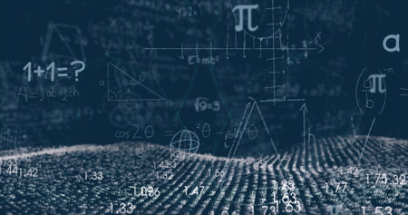This image showcases a digital interface concept that highlights global business, finance, and connections. White spots moving on a black background represent different aspects of this digital interface, while mathematical equations appearing over a globe emphasize the global nature of this concept.の写真素材